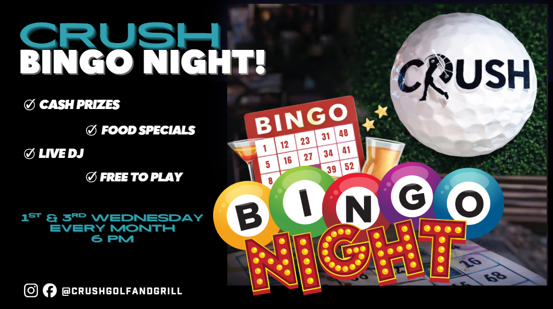Guests at Crush Golf and Grill participate in a lively bingo night, with cards and markers spread across tables.